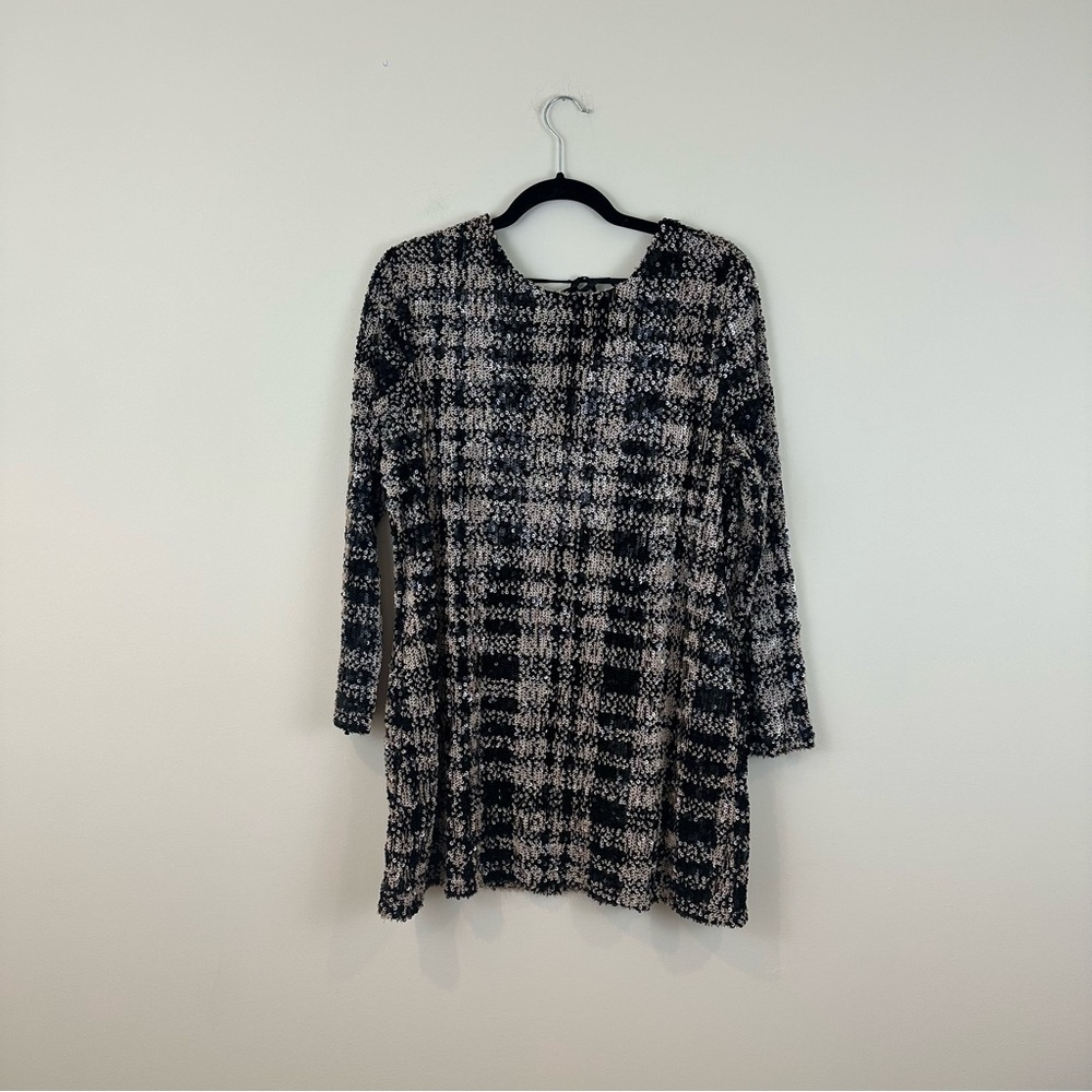 Charlie Paige Black and White Plaid Sequin Long Sleeve Dress Medium NWT